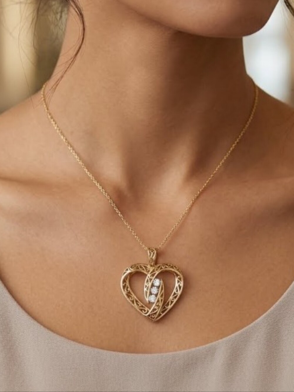 10k Gold Open Filigree Heart Pendant with Diamonds AJ Jewelers Design Vintage